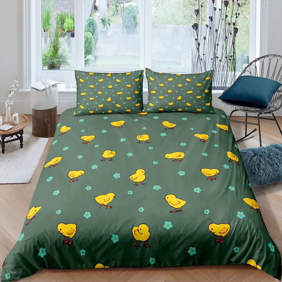 Chicken Duvet Cover Cartoon Yellow Chicken Bedding Set for Kids Boys Girls Little Floral Comforter Cover Lovely Pet Animal Bedding & Linen 2Pcs Single Size