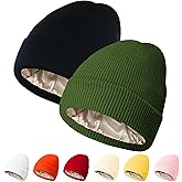 PFFY 2 Packs Womens Satin Lined Beanie Hat Silk Lining Winter Hats Beanies for Women Soft Slouchy Beanie Skull Cap