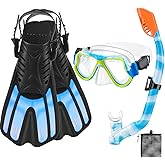 CTSAYTL Snorkeling Gear for Kids Ages 3-14, 4 in 1 Mask Fins Snorkel Set with Panoramic View Anti Fog Mask, Dry Top Snorkel, Trek Fins and Travel Bag, Kids Snorkel Set for Snorkeling Swimming