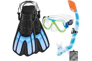 CTSAYTL Snorkeling Gear for Kids Ages 3-14, 4 in 1 Mask Fins Snorkel Set with Panoramic View Anti Fog Mask, Dry Top Snorkel, Trek Fins and Travel Bag, Kids Snorkel Set for Snorkeling Swimming