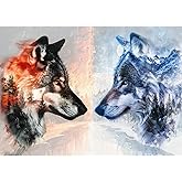 Bgraamiens - Ice VS Fire -1000 Pieces Fantasy Double Exposure Wolf Art, Nature Animals Puzzle Impossible Hard Puzzles for Adults
