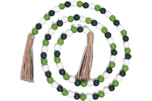 SFONI St. Patrick's Day Beads Garlands, Green Shamrock Bead Garland Decorations with Jute Rope Plaid Tassel, Farmhouse Rustic Garland for Tiered Tray Decor Spring Holiday Wall Hanging Basket Bead Décor, 36"