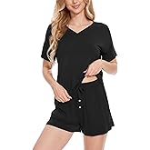 LazyCozy Striped Pajama Set for Women, Viscose Made from Bamboo, Short Sleeve Shirt with Sleep Shorts Soft PJ Set