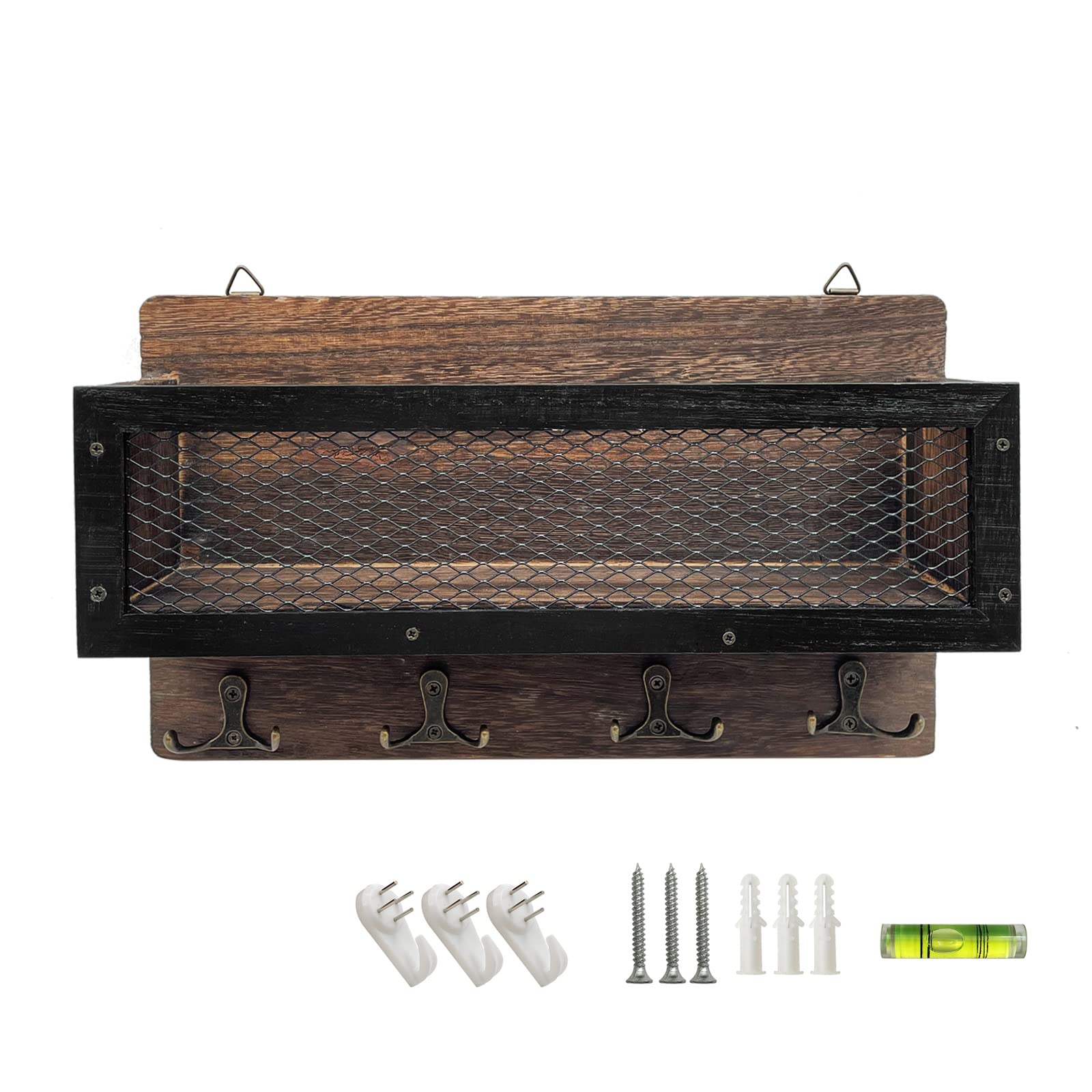 LYFJXX Mail and Key Holder for Wall Decorative, Wooden Wall Key Rack Organizer with 4 Double Key Hooks, Wall Mount Key Hanger for Entryway, Storage, Living Room, Hallway, Kitchen (Brown)