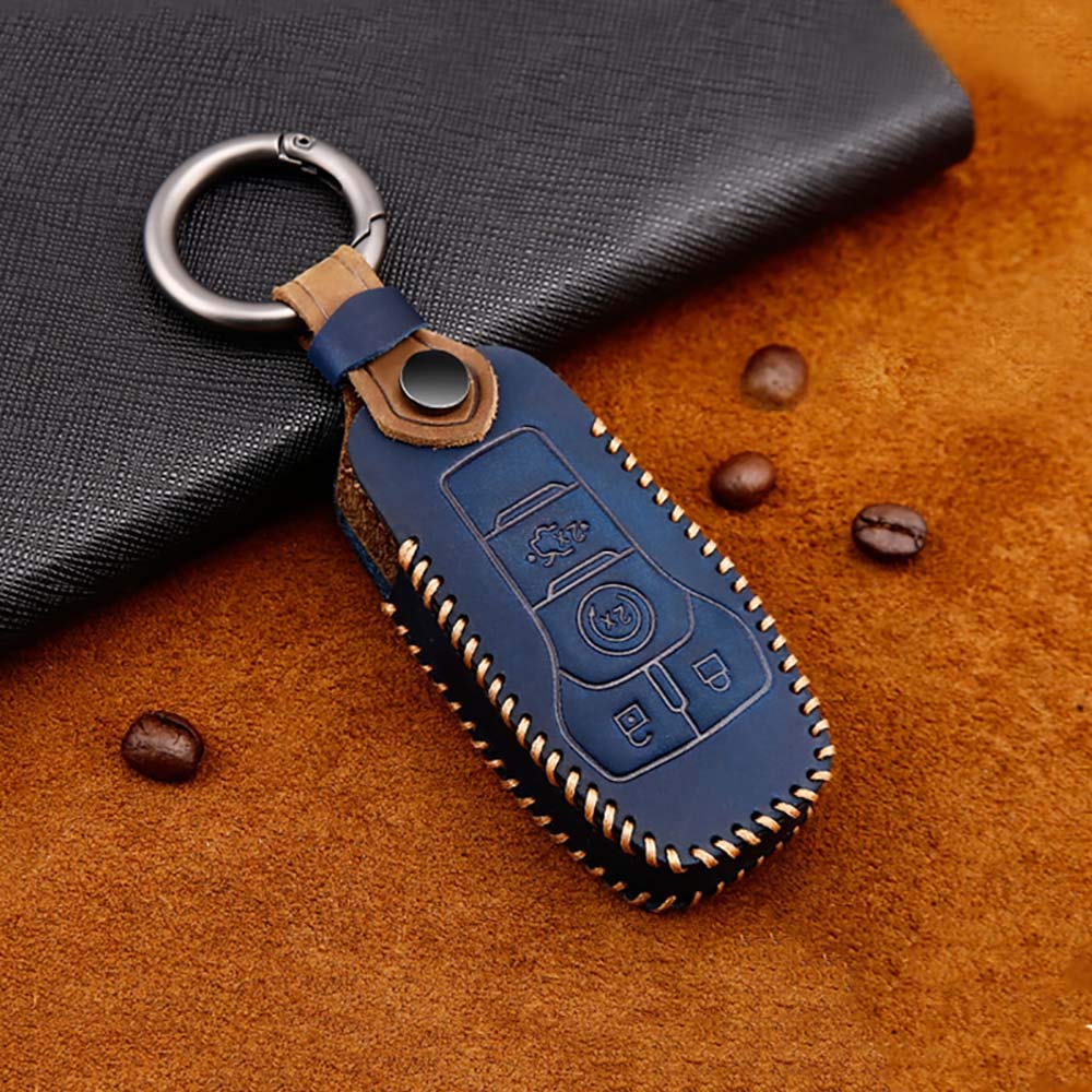ontto for Ford Car Key Cover Premium Leather Key Fob Cover Holder Protector for Ford F-150 Ford Explorer Ford Edge Ford Fusion 2015-2017 Remote Car Key Case Keyring Blue