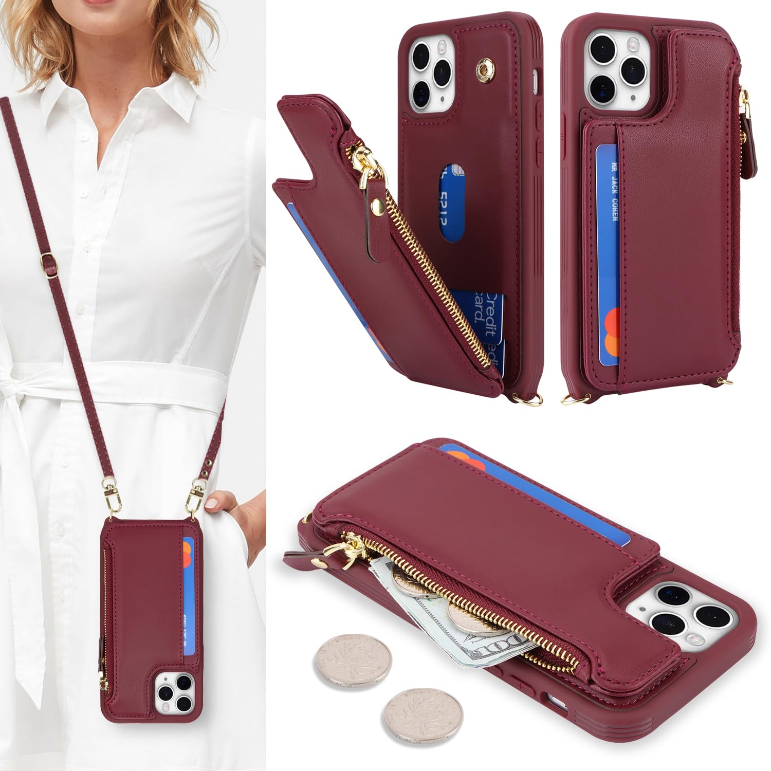 SailorTech for iPhone 11 Pro Max Phone Case with Credit Card Holder for Women, iPhone 11 Pro Max Leather Case Wallet Crossbody with Credit Card Slots Zipper Shockproof Case for Men - Burgundy
