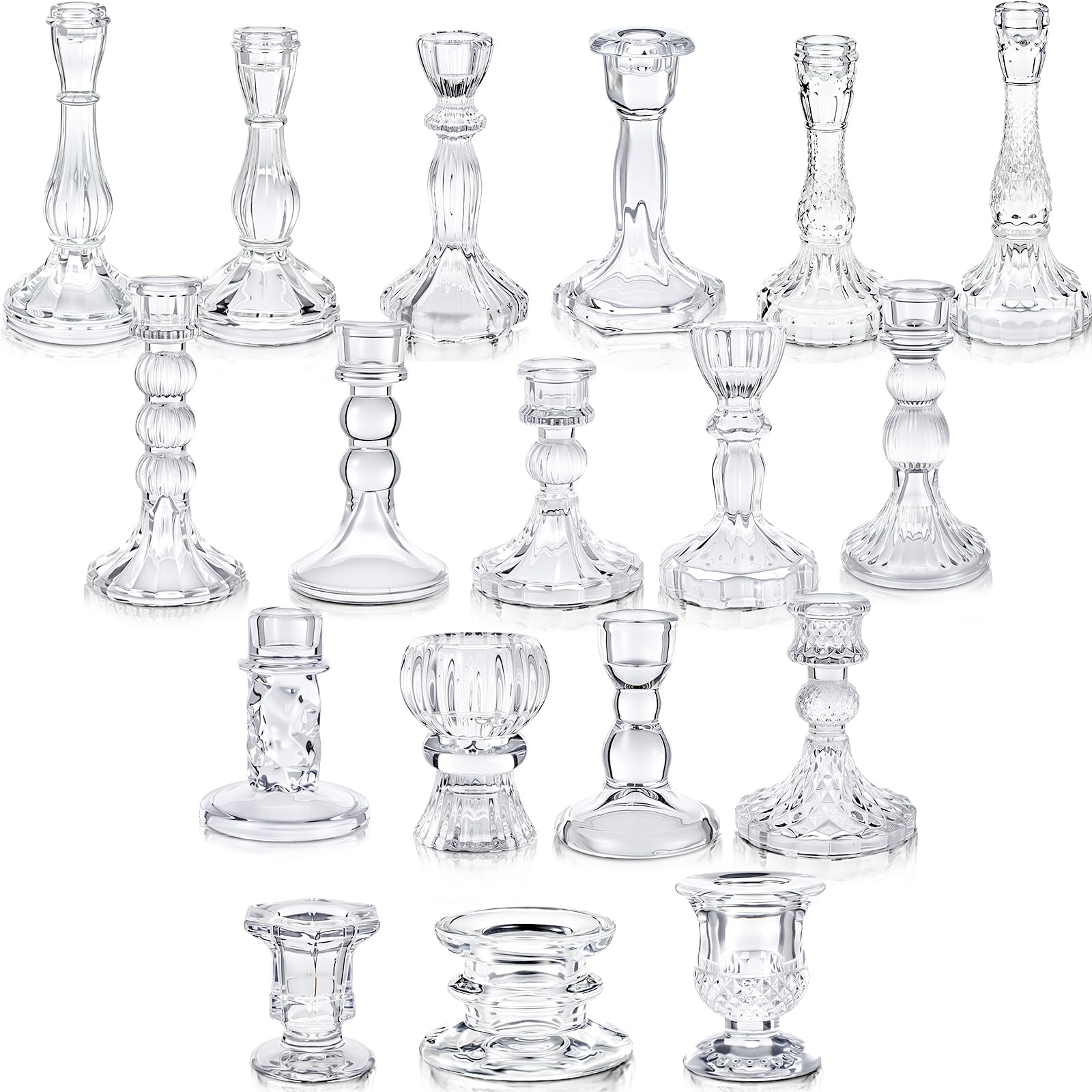 Photo 1 of Mumufy 18 Pcs Glass Crystal Taper Candle Holders Clear Glass Candlestick Holder Fit 0.8 Inch Candles Crystal Decorative Candlestick Stand Centerpiece for Table Wedding Dining Party