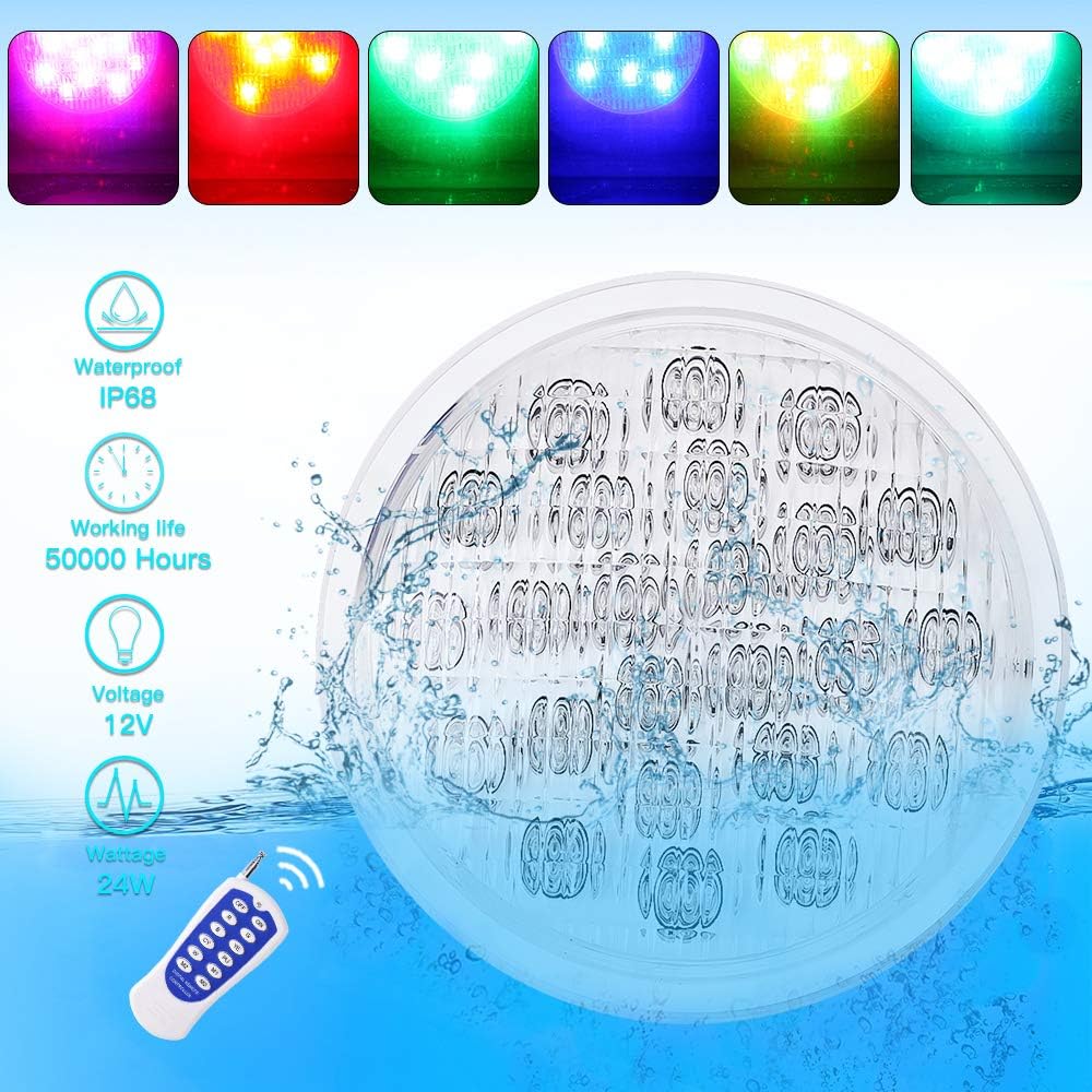 ELINKUME LED Pond Light, Submersible RGB Swimming Pool Light, Waterproof Immersed RGB Projector, PAR56 Multicolor Underwater Light, 24W AC/DC 12V IP68 Color Changing with Remote Control