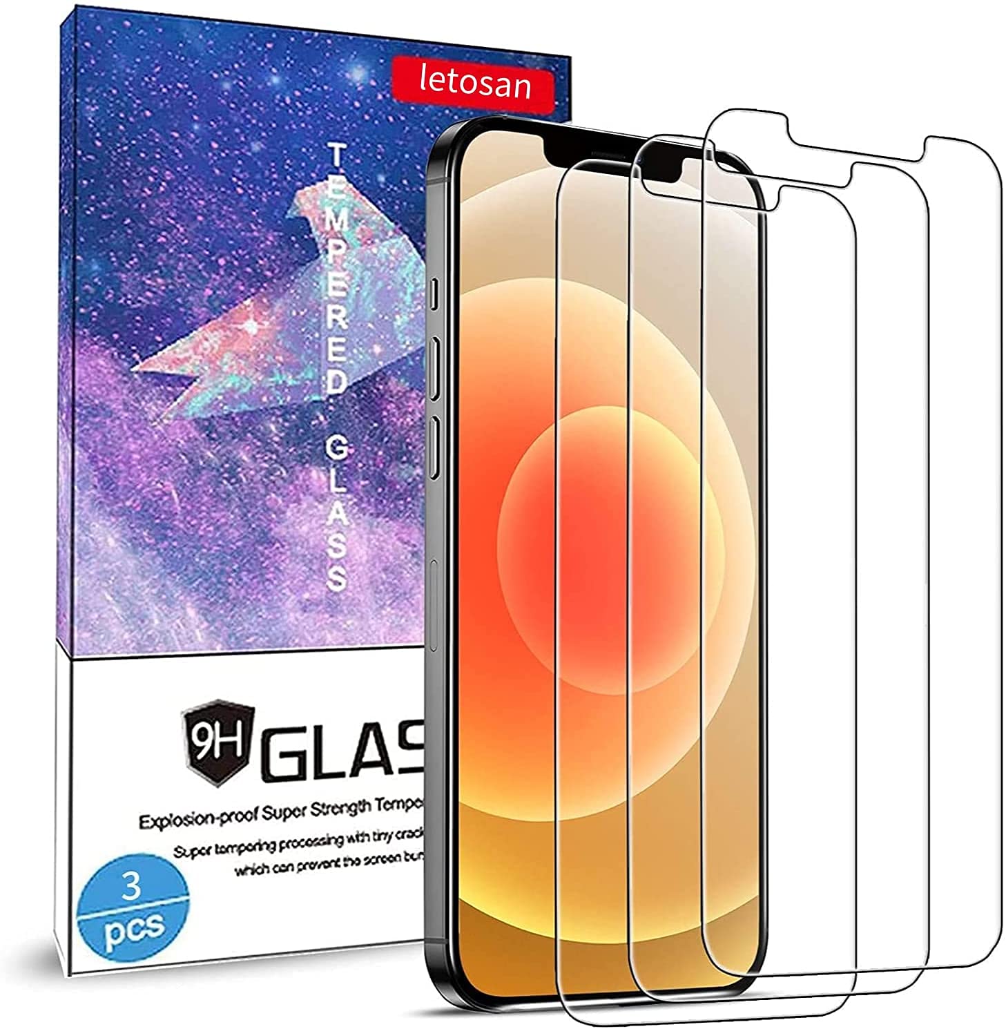 letosan Glass Screen Protector for iPhone 12 /iPhone 12 Pro 6.1 Inch 3 Pack, 9H Tempered Glass Film, HD Clear, Bubble-Free Anti-Scratch for iPhone 12 Pro 5G Screen Protector Work Most Case