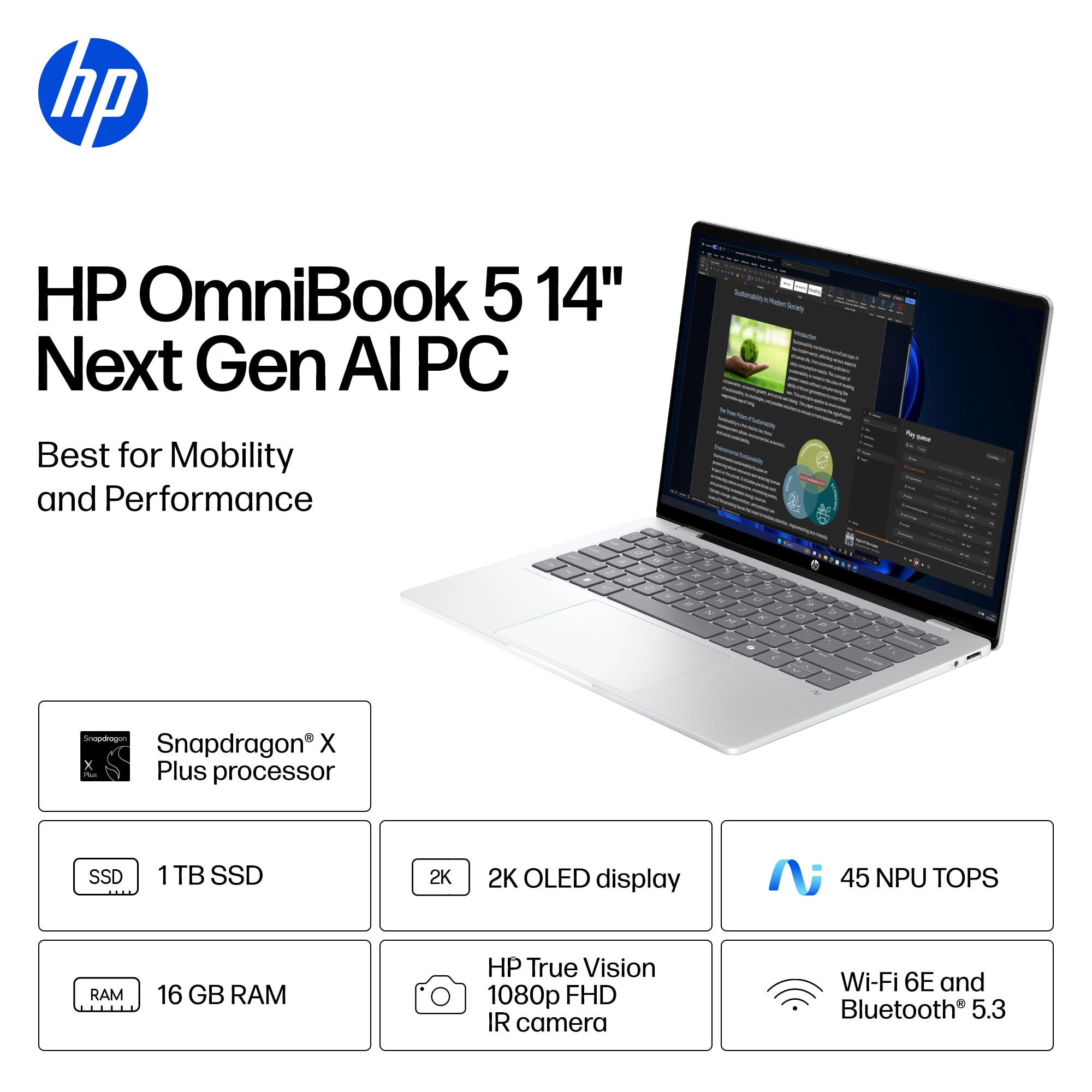 HP OmniBook 5 14 inch Next Gen AI PC, OLED Display, Snapdragon X Plus X1P-42-100, 16 GB RAM, 1 TB SSD, Qualcomm Adreno GPU, Windows 11 Home, Copilot+ PC, Glacier Silver, 14-he0099nr