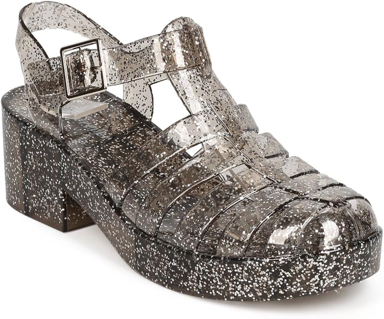 Women Glitter Jelly Round Toe Block Heel