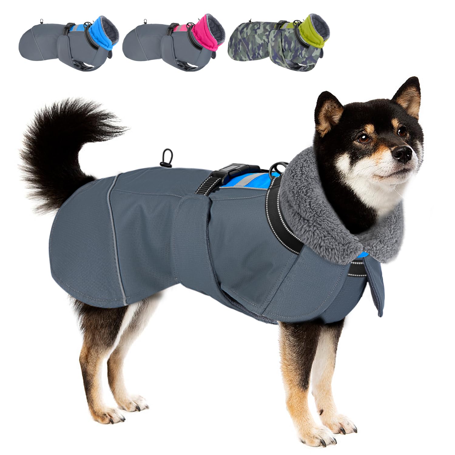 Eyein Dog Coat - Waterproof Adjustable Fleece Dog Turtleneck Jacket with Collar and Drawstring - Reflective Winter Pet Clothes for Medium Large Dogs in Cold Weather(Blue,M) — image 1