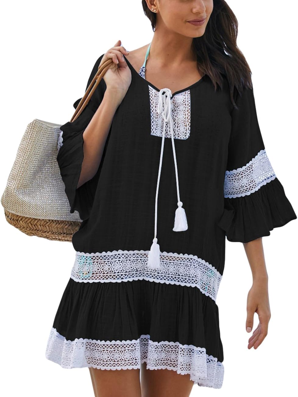 Bsubseach Black Short Beach Cover Ups for Women Loose 3/4 Flare Sleeve