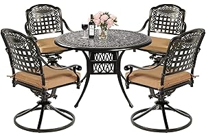 MEETWARM 5-Piece Outdoor Patio Dining Set, All-Weather Cast Aluminum Patio Conversation Set with 4 Cushions Swivel Rocker Chairs for Backyard Garden Deck and 35.4" Round Table, 2.2" Umbrella Hole