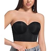 Curyon Women's Longline Strapless Full Figure Plus Size Corset Top Anti Slip Underwire Bra Hide Back Fat Black 42DDD