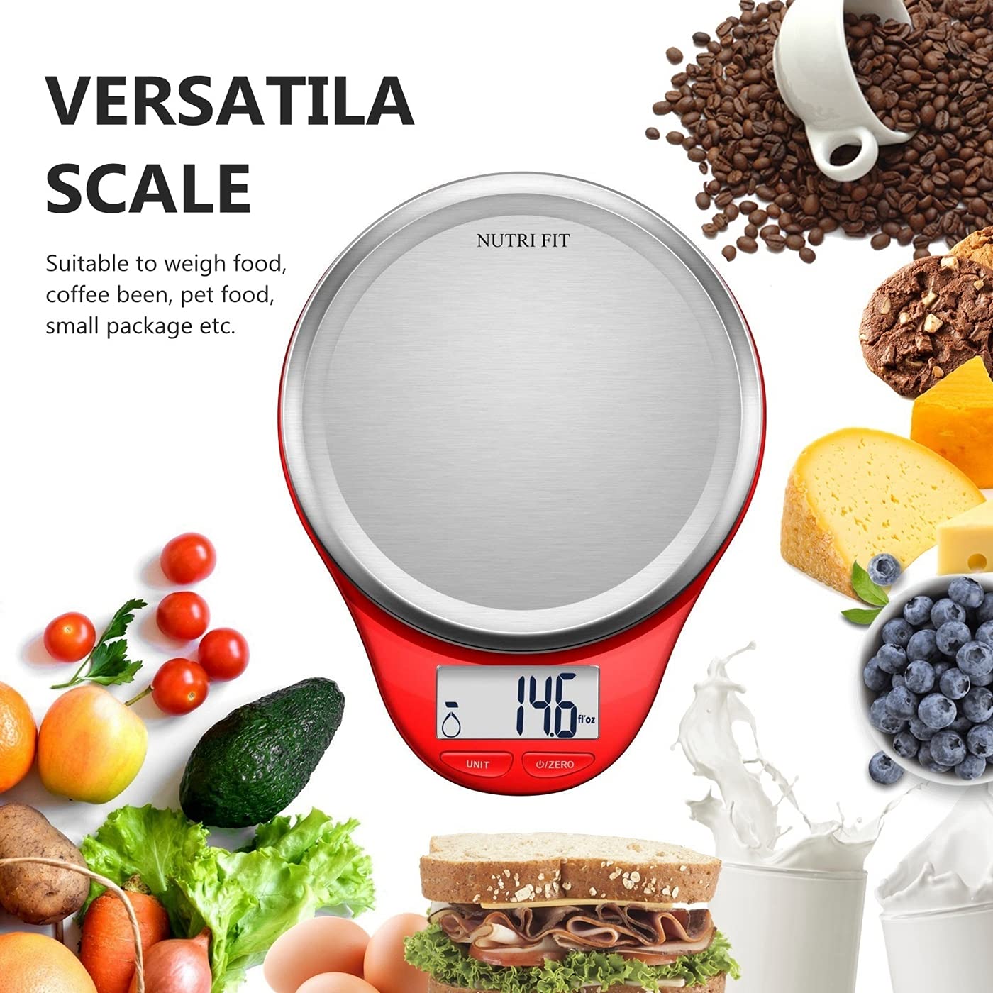 Food Scale, NUTRI FIT Kitchen Scales Digital Weight Grams and Ounces Large Stainless Steel Platform for Baking Cooking Weight Loss, High Accuracy Bread Coffee Scale, 1g Increment Tare Function, Red