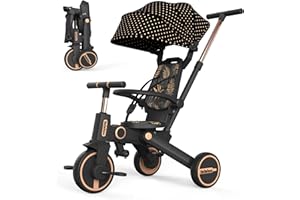 Bebehoo Tricycle Stroller for Toddler,Foldable Baby Tricycle,Kids Balance Bike with Push Handle,Toddlers Stroller Bike with 1 to 5 Years,7-in-1 Push Tricycle Bike for Kids(Gold)