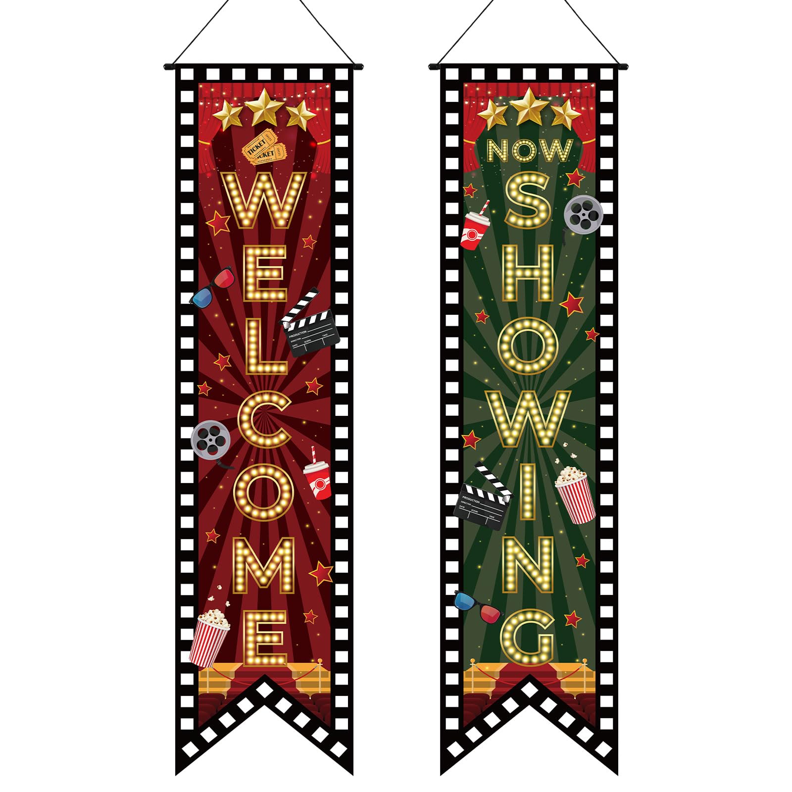 2pcs Movie Night Porch Banner, Welcome Now Showing Hanging Sign Movie Night Theme Party Decorations Supplies for Home Film Camera Action Party Backdrop Accessories(Style 4)