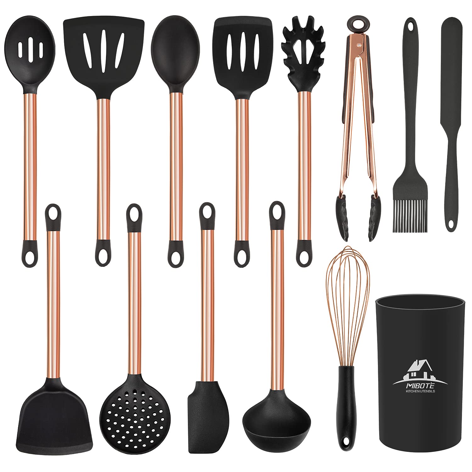 Photo 1 of Silicone Cooking Utensil Set,14 Pcs Kitchen Utensils Set with Holder Non-stick Heat Resistant Cookware Cooking Turner Tongs Spatula Spoon with Stainless Steel Handle (Gold Black) BPA Free, Non Toxi