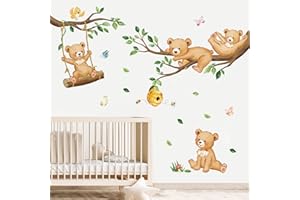 decalmile Woodland Bear Wall Decals Animal Tree Branch Wall Stickers Baby Nursery Kids Bedroom Living Room Wall Decor