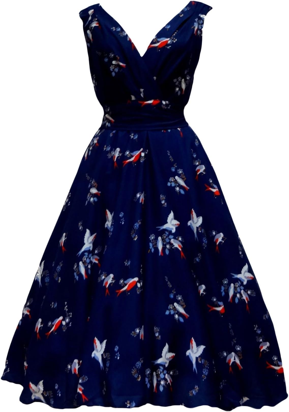 Ladies 1940's 1950's Vintage Retro Style Blue Bird Print Full Circle Swing Tea Dress