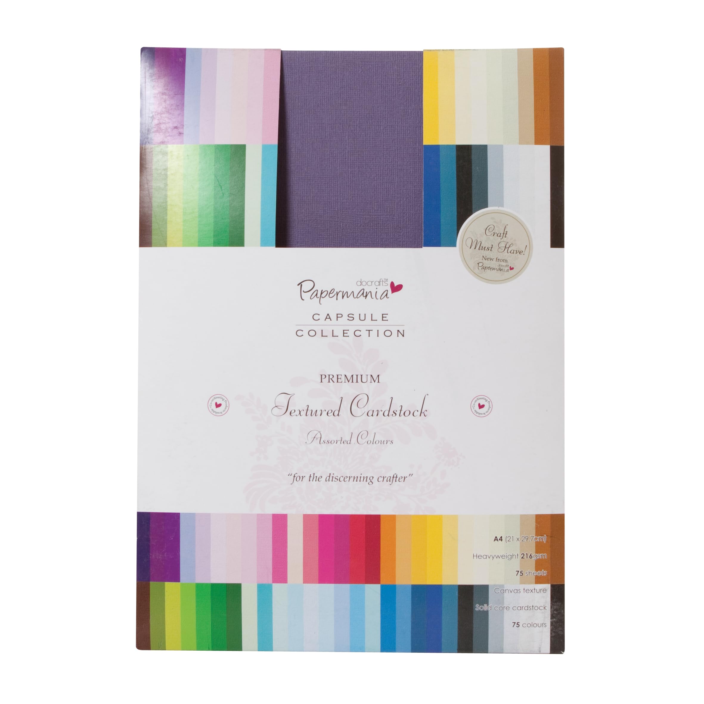Papermania Premium Textured Cardstock, Multicoloured, A4, 75 Sheets, Coloured Card for Craft Projects and Scrapbook Supplies, Cardmaking, Art