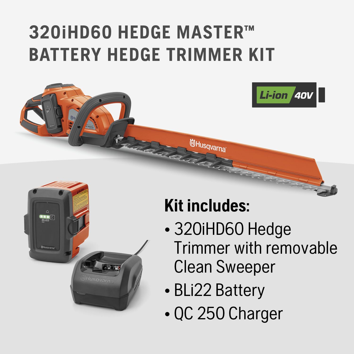 Husqvarna Hedge Master 320iHD60 Battery Hedge Trimmer, 24-Inch Electric Trimmer with Brushless Motor for Efficiency and Durability, 40V Lithium-Ion 4Ah Battery and Charger Included, 970592602