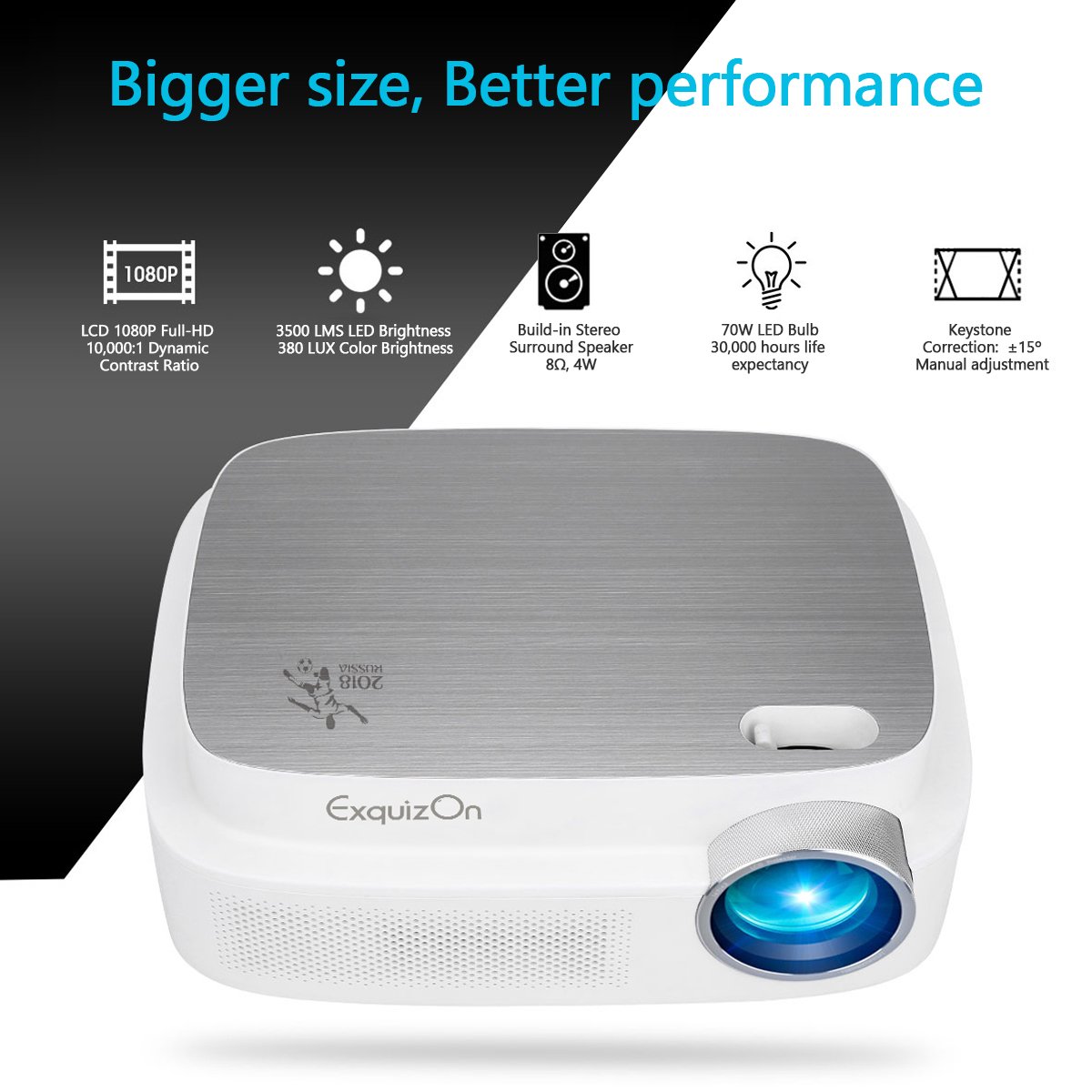 ExquizOn (2018 New Model for Sport Watching) Projector +94% Brighter X3.5 Clearer Utral HD projector 3500 Lumens 1280 x 800 Support 1080P with HDMI USB AV Interfaces for Home Cinema Game Movie (Q7)