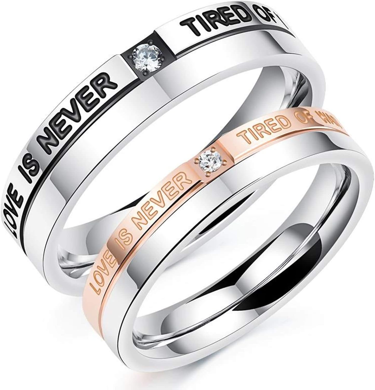 Beydodo 2 Damen Herren Ringe Silber Zirkonia Love is Never Tired of Waiting Partnerring Ehering ...