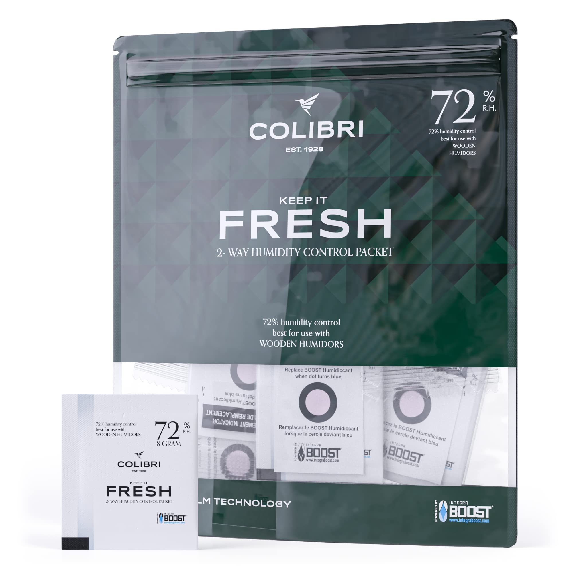 Colibri Fresh - Humidity Control Packs – RH 72%, 8 Grams – 12 Two Way Humidity Packs - Keep Your Herbs, Reeds, Cigars & Instruments Fresh – Powered By Integra Boost™ Technology