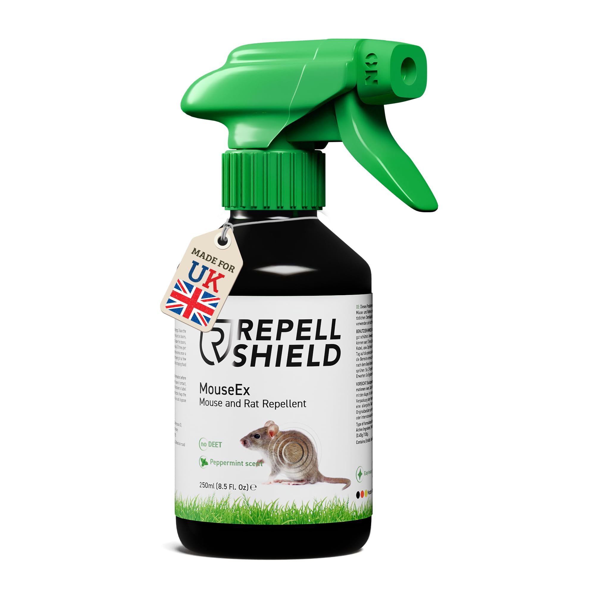 RepellShield Rat & Mouse Repellent Spray - Non-Staining Peppermint Oil Spray, Family & Pet Safe, Use Indoors - Protects Your Home - Alternative to Mouse Traps for Indoors - Made in Germany, 250ml
