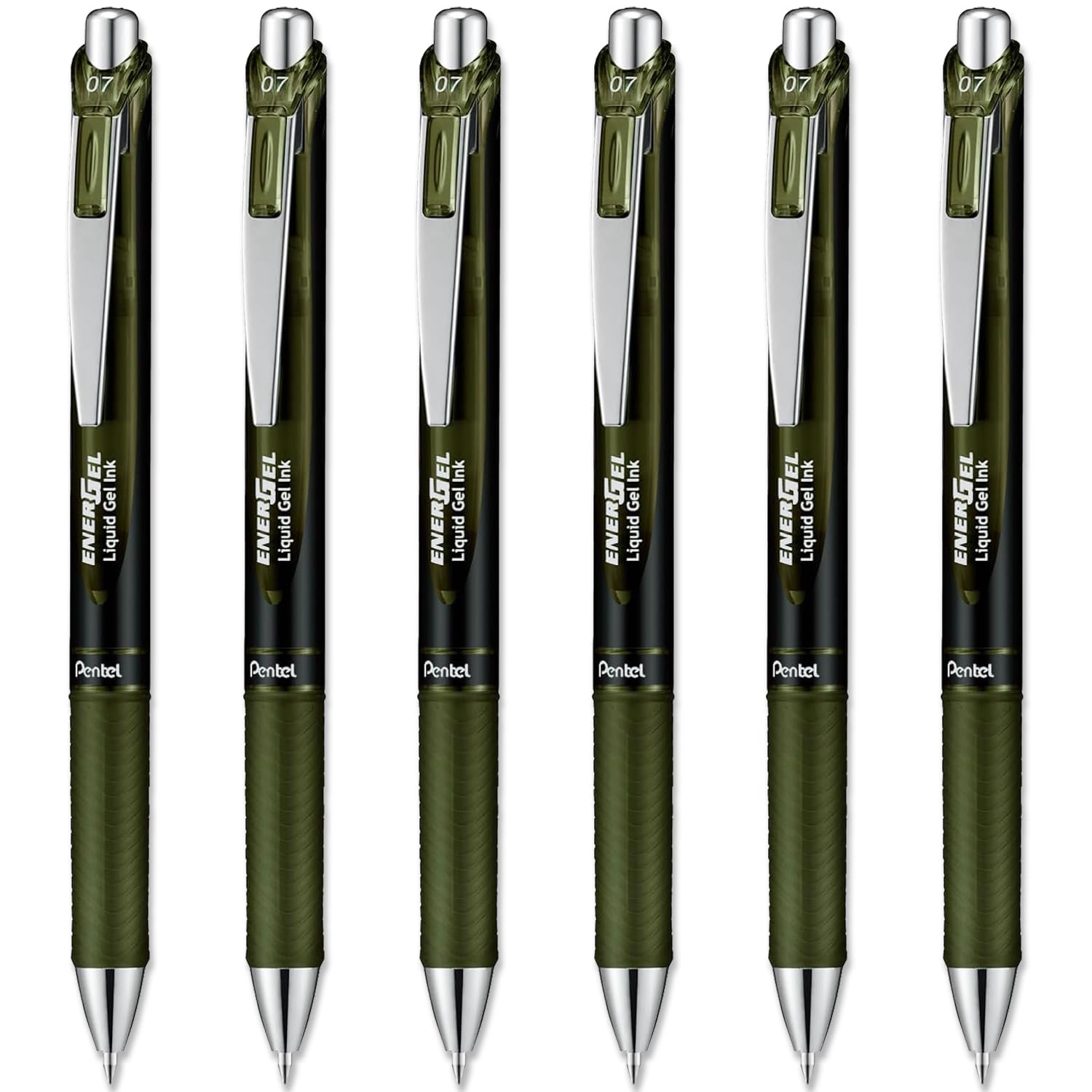 Pentel EnerGel XM Special Edition - BL77 A2-0.7mm Tip Nib - Retractable Liquid Gel Ink Rollerball Pen - 54% Recycled (Pack of 6, Olive Black)