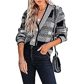 Imily Bela Womens Cardigan Sweaters Plaid Fuzzy Knit V Neck Button Down Long Sleeve Cozy Cardigans Pullover Tops