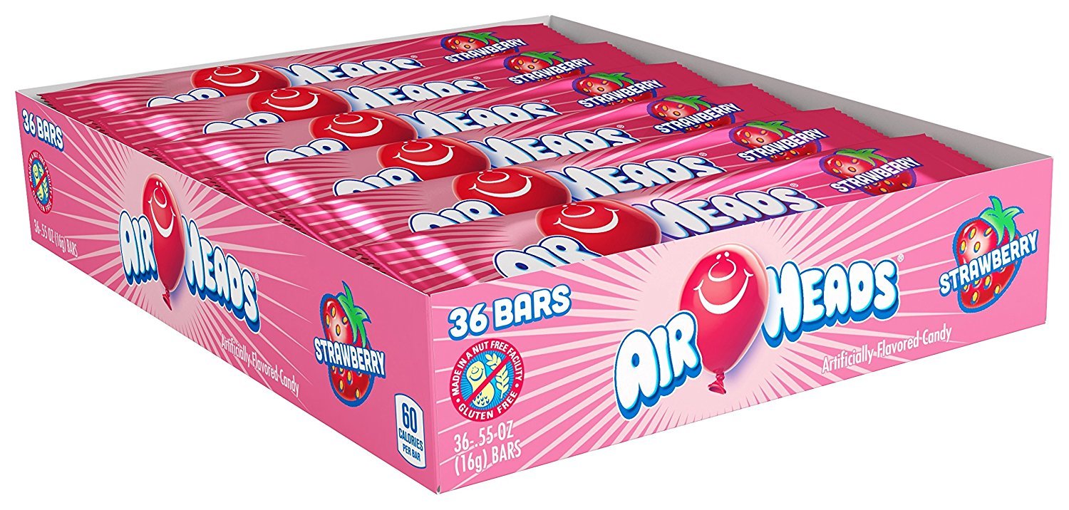 Airheads Candy, Individually Wrapped Full Size Bars, Strawberry, Bulk Taffy, Non Melting, Party, 0.55 oz (Pack of 36)