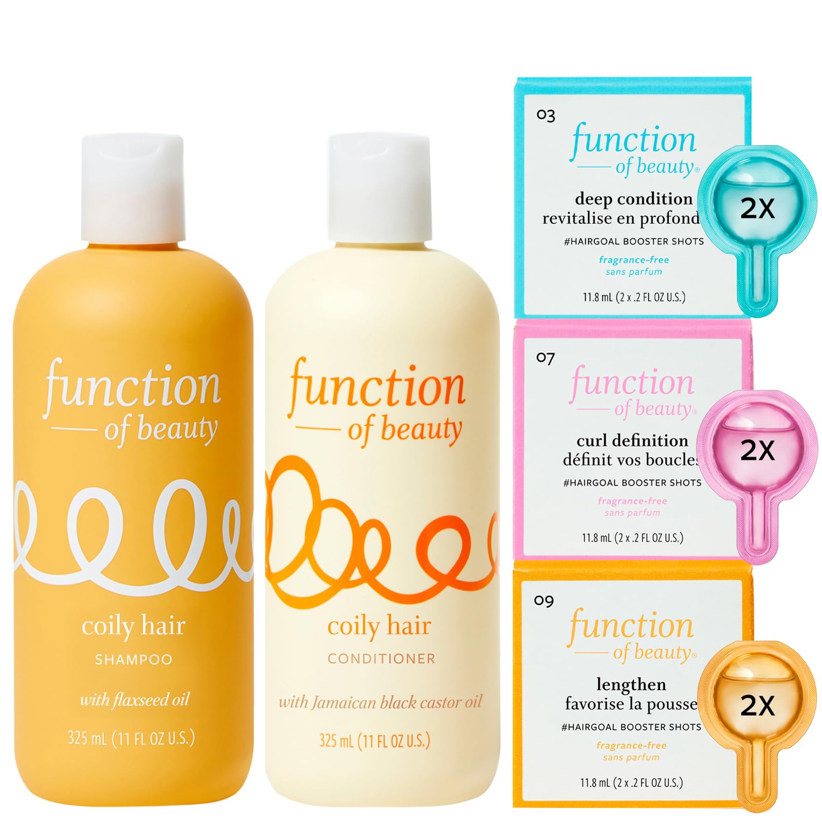 Photo 1 of Function of Beauty Coily Hair Shampoo + Conditioner (11 oz Each) + Curl Definition, Lengthen & Deep Condition #HairGoal Boosters Set - Sulfate-Free - Nourish, Hydrate & Revive Coils & Curls