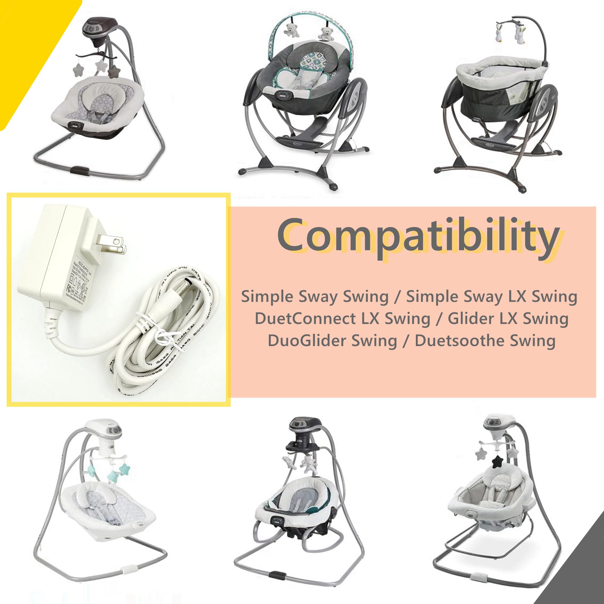 5V Charger for Graco Simple Sway Swing, Power Cord Replacement for Duetsoothe/DuoGlider/Glider LX/Simple Sway LX/Sweetpeace, 5V Baby Swing Power Adapter Compatible with Ingenuity/Jaoul/Nova/Munchkin