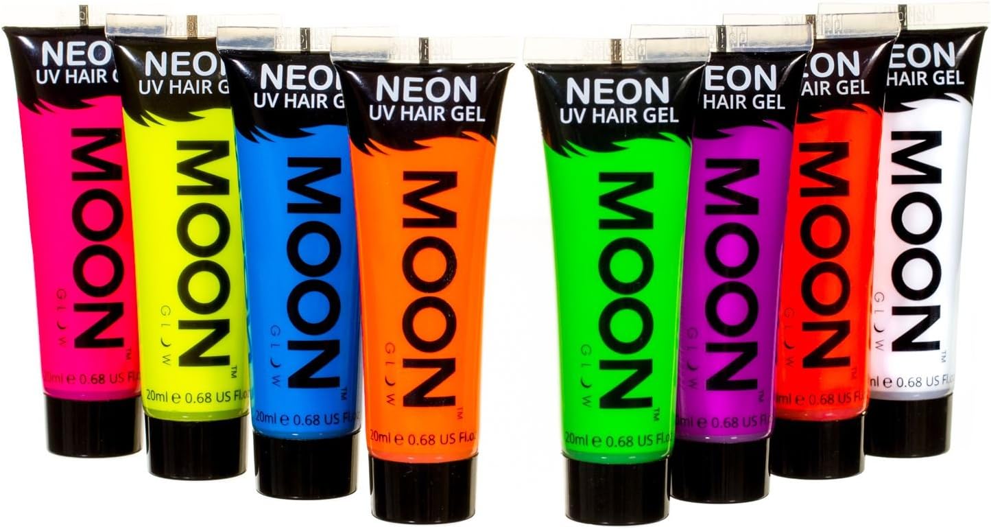 Moon Glow Neon Hair Gel - 20ml UV Hair Dye - Temporary Wash Out Hair Colour Dye - Set of 8, 20 ml (Pack of 8)