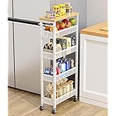 Giwil Slim Storage Cart 5 Tier Narrow Kitchen Rolling Cart on Wheels for Small Space, Metal Utility Cart Narrow Bathroom Storage Cabinet Mobile Shelf Unit Organizer with Wood Top and Handle, White