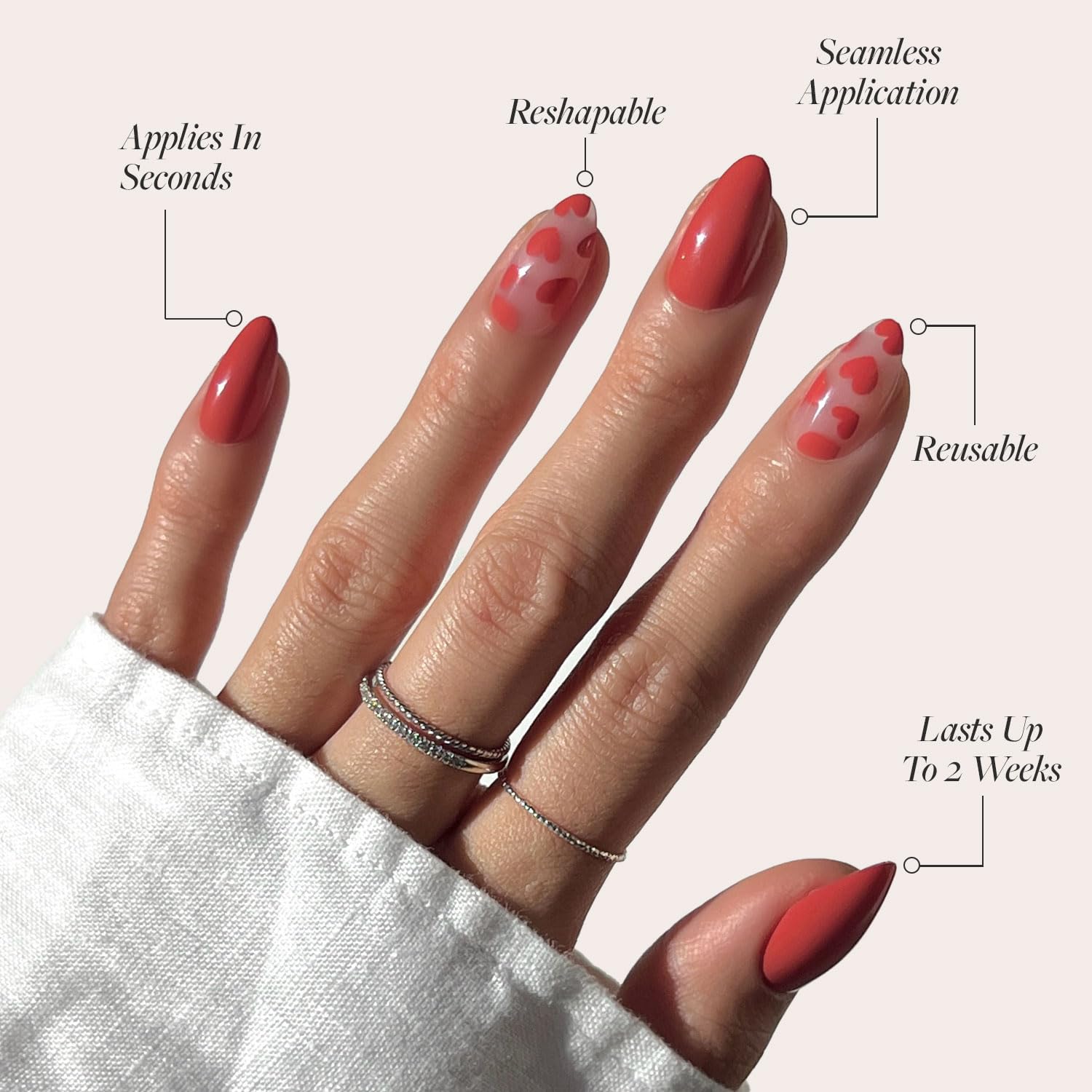 Glamnetic Press On Nails - Love Me | Red Short Almond Nails with Heart Accents, Reusable Stick On Fake Nails with Glue | Love In Bloom Spring Nails | 15 Sizes - 30 Nail Kit with Glue - Image 3