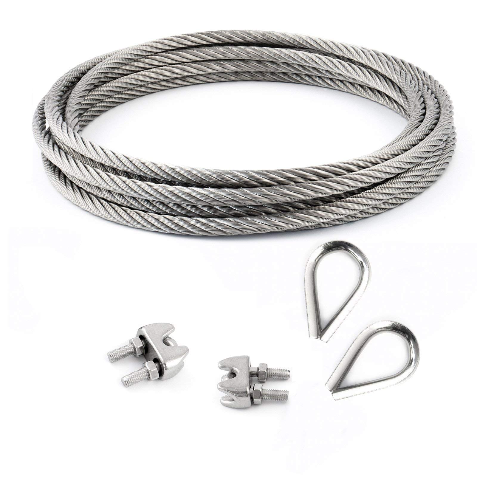 Set 10m Wire Rope Stainless Steel Strand:7x7 3mm + 2 Clips + 2 thimbles + Many Sizes Avaliable - Many Sizes Avaliable