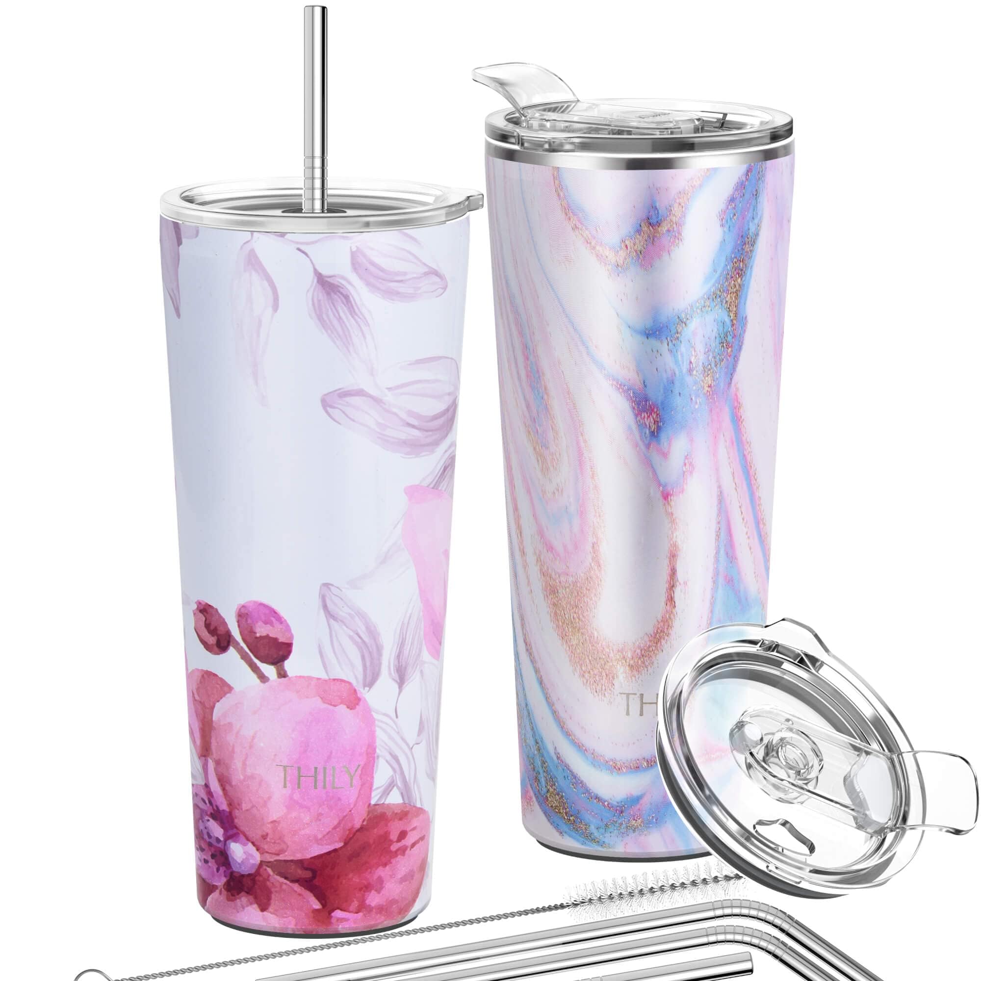 THILY Stainless Steel Vacuum Insulated Tumbler 26 oz Triple-Insulated Travel Mug with Splash-Proof Lid, for Iced Coffee and Hot Beverage, Pink Ripple + Lotus Flower
