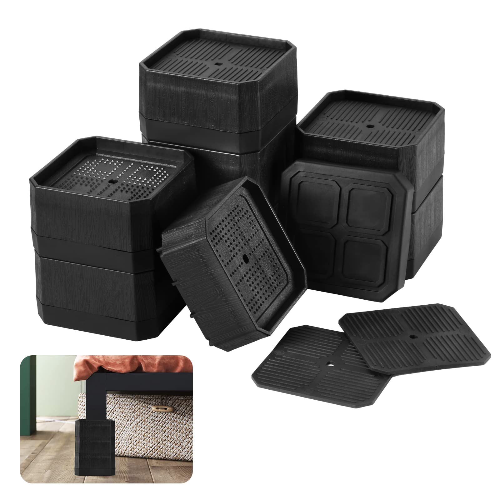 Coptiner 8 PCS Adjustable Furniture Risers Heavy Duty Stackable Bed Risers 1.5" 3" 4.5" 6" Lift Height Space Table Chair Sofa Riser Furniture Lift Pads Support Up to 1000kg