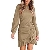 CUPSHE Women Knit Ruched Fall Dress Smocked Ruffle Hem Crew Neck Long Sleeve Bodycon Sexy Casual Holiday Mini Dress