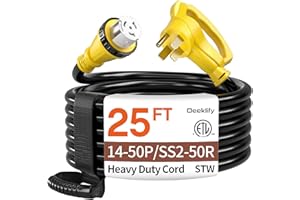 DEEKLIFY 25FT 50 Amp Generator Cord, NEMA 14-50P/SS2-50R Heavy-Duty 4 Conductors Cable, Pure Copper STW RV Extension Cord, Female Plug with Twist Lock, Suitable for RV or Camper, ETL Listed