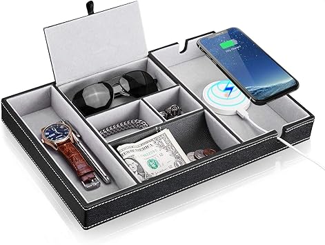 Amazon Com Baoyun Mens Valet Tray Organizer 6 Compartments Leather Dresser Valet Organizer For Key Wallet Phone With Charging Station Large Mens Nightstand Organizer Tray Black Home Improvement