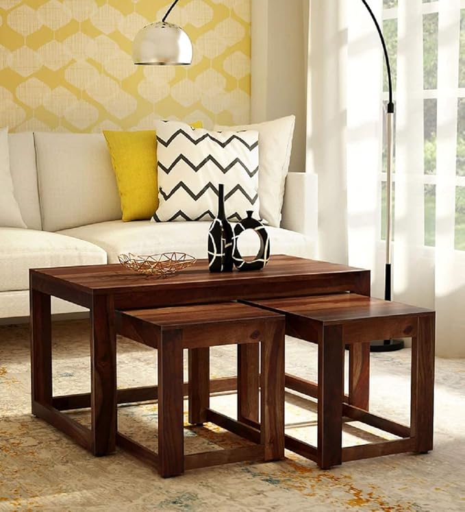 Ramwood Furniture Solid Wood Center Coffee Table with 2 Stools for