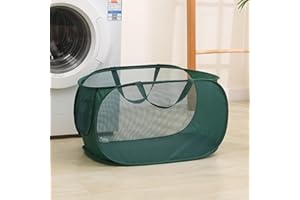 DAWNTREES Pop Up Laundry Hamper Basket,Large Collapsible Mesh Storage Basket with Side Pocket,Applicable to Laundry Room, Bathroom,Dorm,Travel Carrying (Green Horizontal)