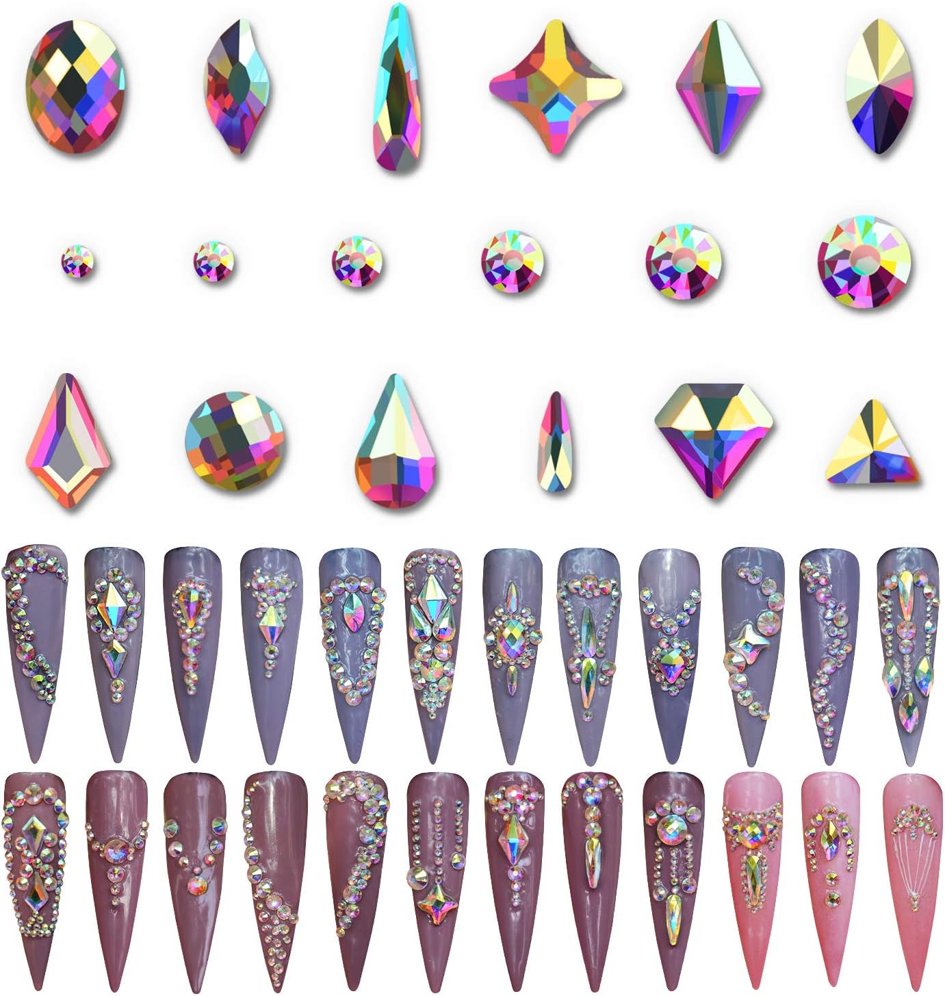 Warmfits AB Crystal Rhinestones Set, 1840pcs Rhinestones Nail Art Set Nail Gems Iridescent Clear Class Multi-Shape Flat Back Shiny Nail Jewels for Nail Art DIY Crafts Phones Clothes Shoes Jewelry Bag