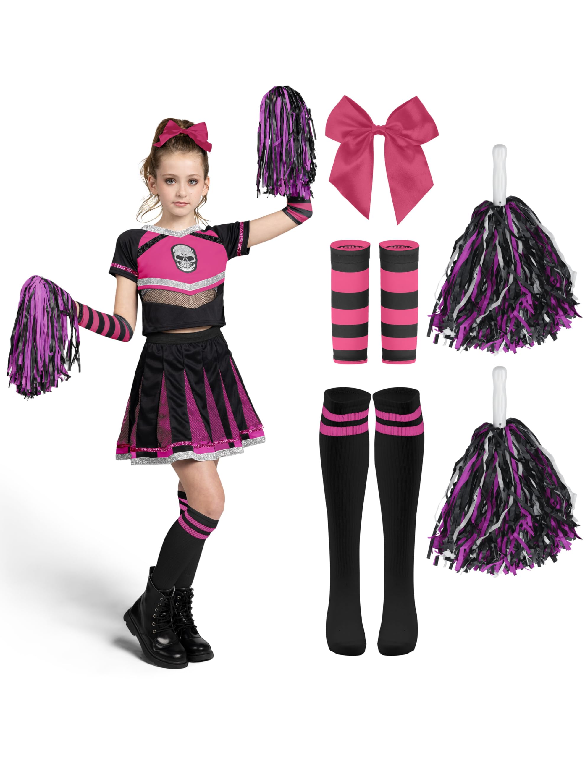 Spooktacular Creations Zombie Halloween Cheerleader Costume, Black Rosy Scary Pom-pom Girl Outfit, Cheer Performer Apparel for Girls Halloween Party Role Play-S
