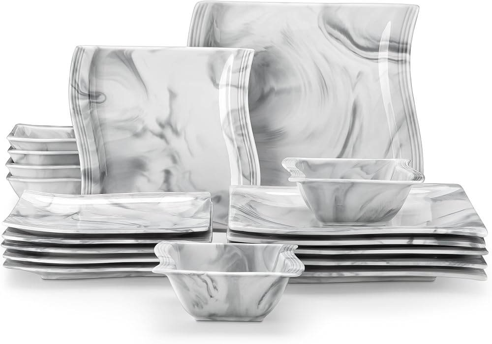MALACASA Flora 18-Piece Marble Grey Square Dinner Set for 6 Porcelain Microwave